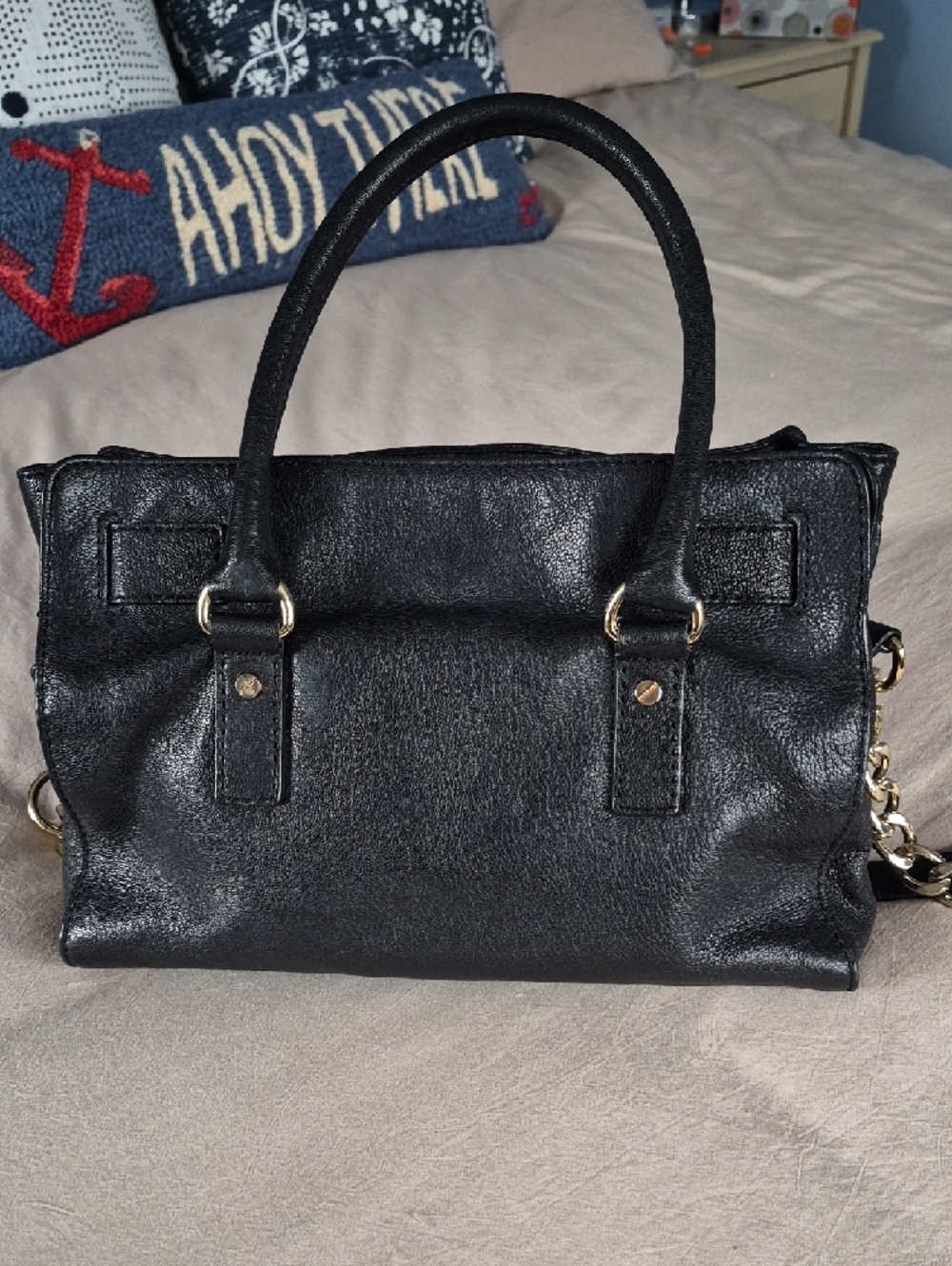 Michael Kors Black Leather Satchel with Gold-Tone Hardware - Picture 4 of 9